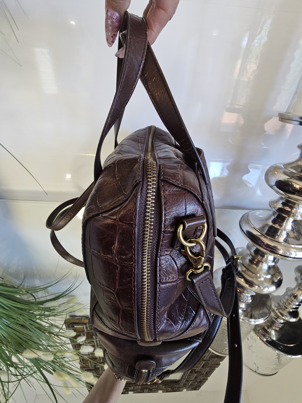 Fossil Sydney  Dark Brown Croc-Embossed Leather Satchel - Picture 2 of 12